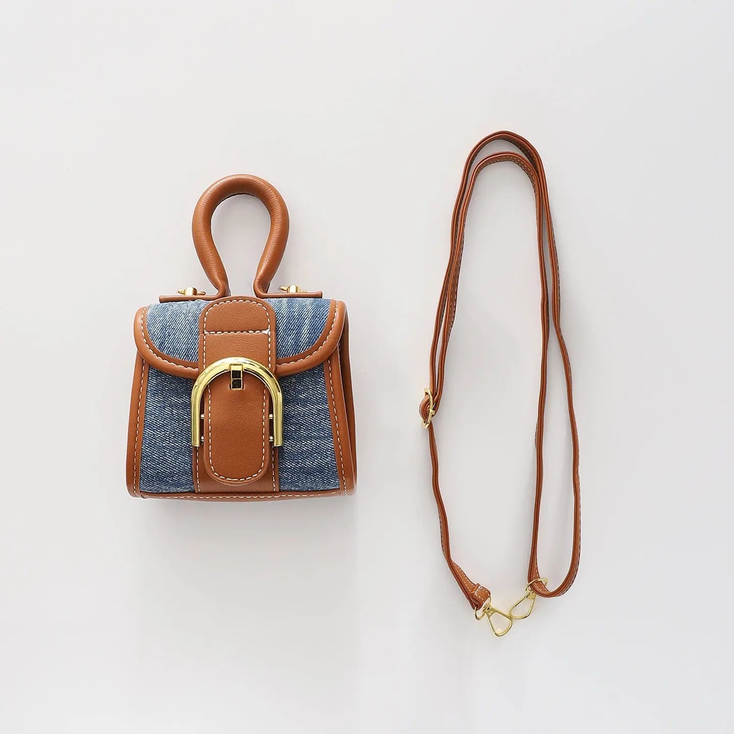 Girls Mini Buckle Bag - Denim and Tan