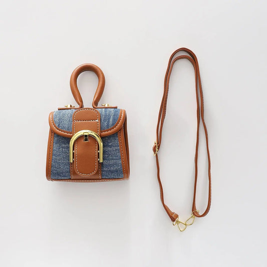 Girls Mini Buckle Bag - Denim and Tan